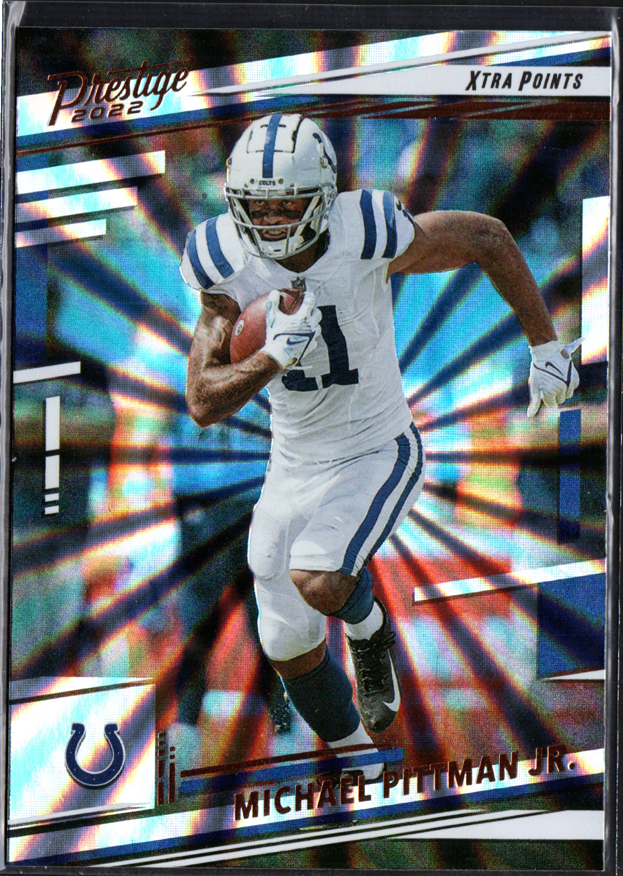 Michael Pittman Jr. Indianapolis Colts #127 Sunburst trading card from 2022 Panini Prestige set, featuring vibrant colors and Xtra Points parallel.